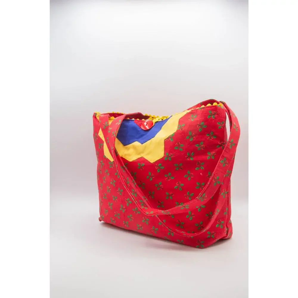 Handmade Red Tote Bag Colorful Christmas Patchwork Shoulder Bag Festive Work Bag